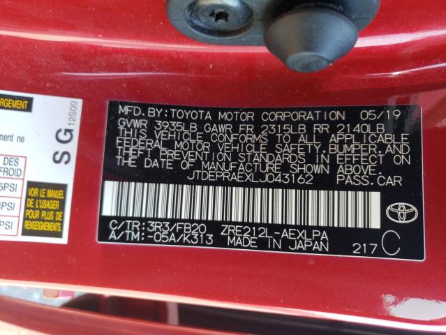 JTDEPRAEXLJ043162 - 2020 TOYOTA COROLLA LE RED photo 12