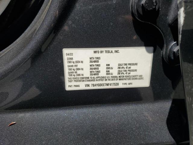 7SAYGDEE7NF417539 - 2022 TESLA MODEL Y ნაცრისფერი ფოტო 12