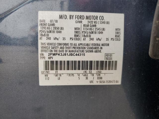 2FMPK3J81JBC44315 - 2018 FORD EDGE SEL Mavi foto 12