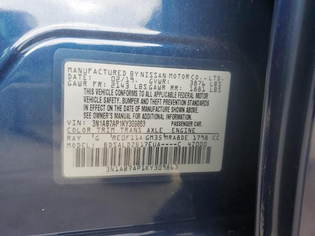 3N1AB7AP1KY309863 - 2019 NISSAN SENTRA S 蓝色 照片 12