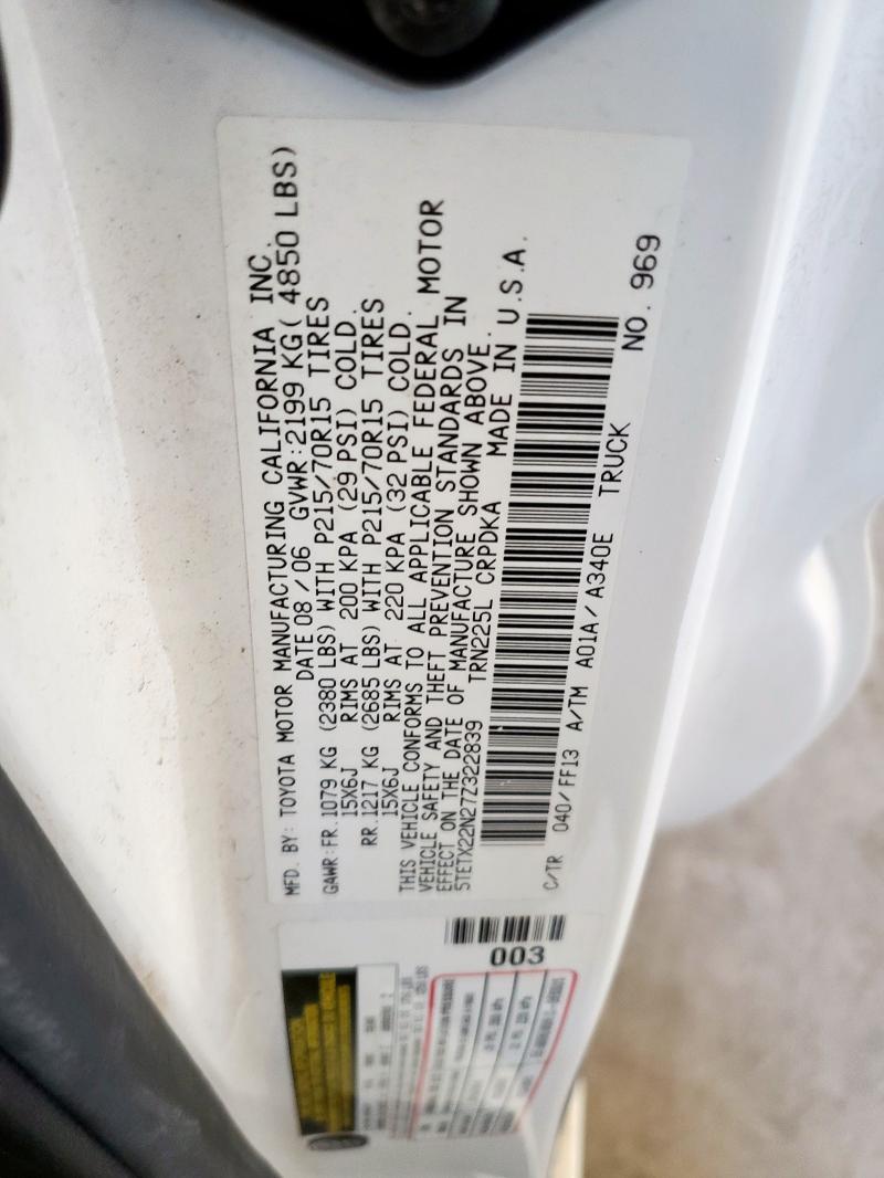 5TETX22N27Z322839 - 2007 TOYOTA TACOMA ACCESS CAB WHITE photo 12