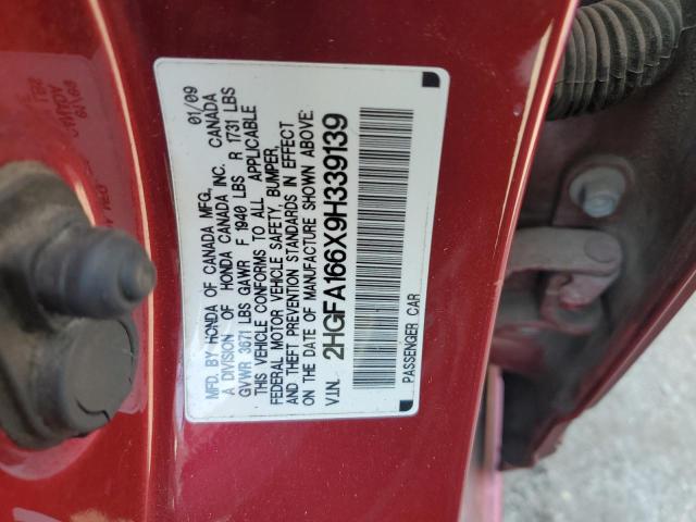 2HGFA166X9H339139 - 2009 HONDA CIVIC LX-S 栗色 照片 12