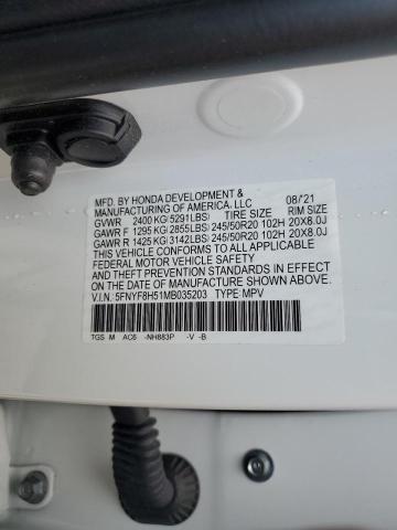 5FNYF8H51MB035203 - 2021 HONDA PASSPORT EXL WHITE photo 14