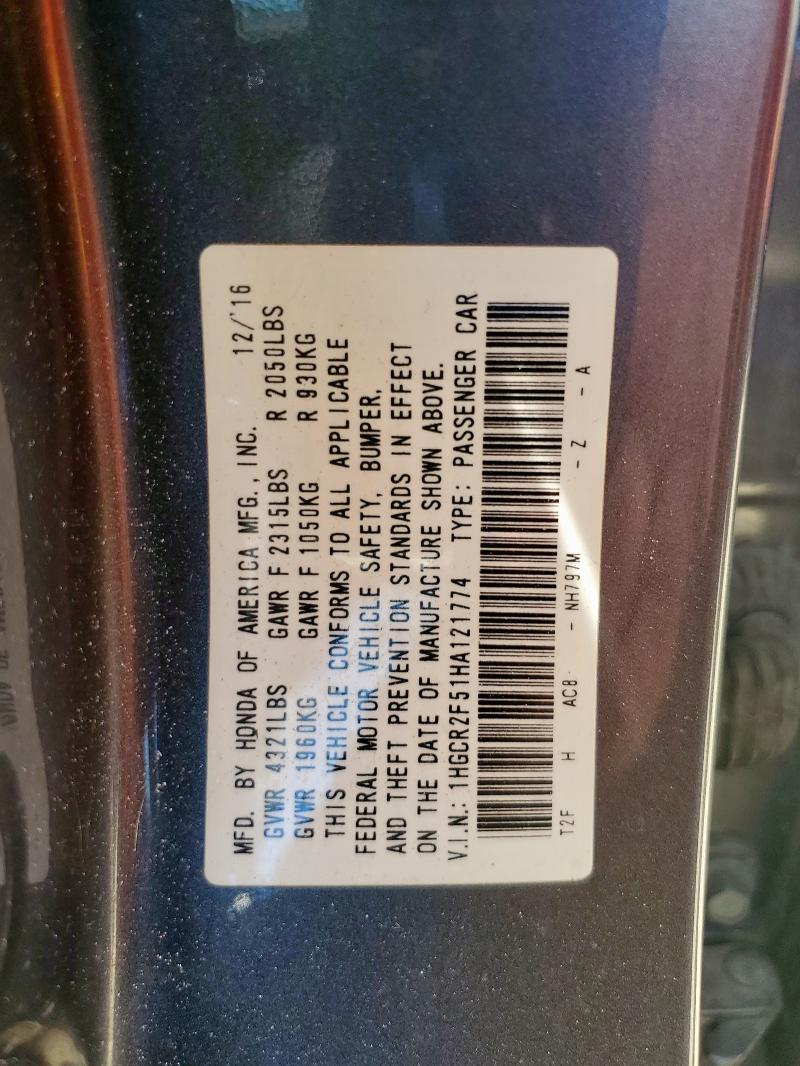 1HGCR2F51HA121774 - 2017 HONDA ACCORD SPORT Сұр фото 12