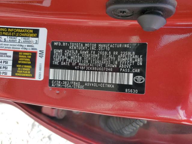 4T1BF3EK8BU607046 - 2011 TOYOTA CAMRY BASE Kırmızı fotoğraf 12