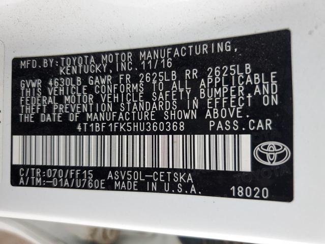 4T1BF1FK5HU360368 - 2017 TOYOTA CAMRY LE WHITE photo 12