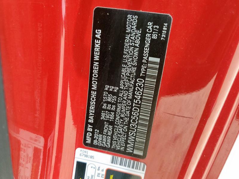 WMWSU3C56DT546230 - 2013 MINI COOPER RED photo 12