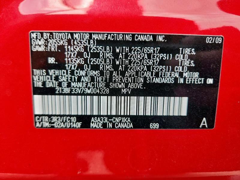 2T3BF33V79W004328 - 2009 TOYOTA RAV4 წითელი ფოტო 12