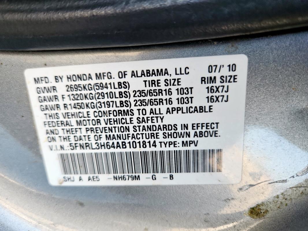 5FNRL3H64AB101814 - 2010 HONDA ODYSSEY EXL فضي صورة 13