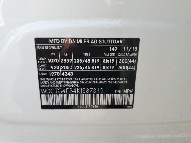 WDCTG4EB4KJ587319 - 2019 MERCEDES-BENZ GLA 250 WHITE photo 12