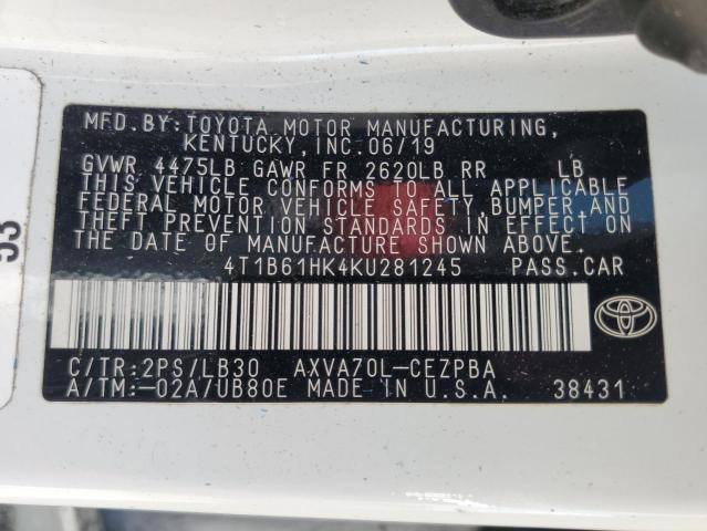 4T1B61HK4KU281245 - 2019 TOYOTA CAMRY XSE 双色 照片 12