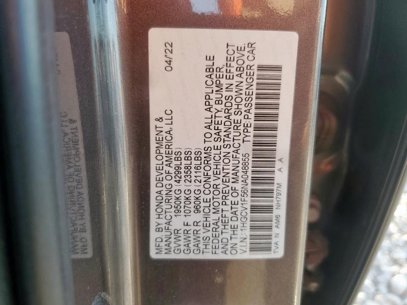 1HGCV1F56NA048855 - 2022 HONDA ACCORD EXL 灰色 照片 12