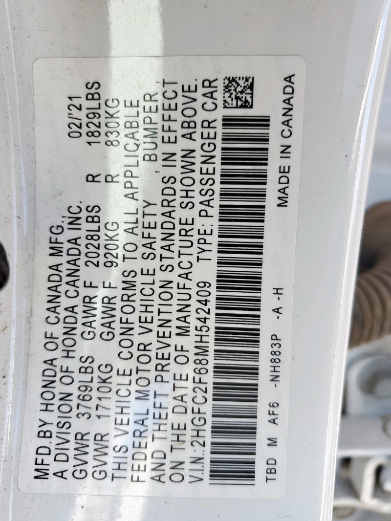 2HGFC2F68MH542409 - 2021 HONDA CIVIC LX თეთრი ფოტო 12