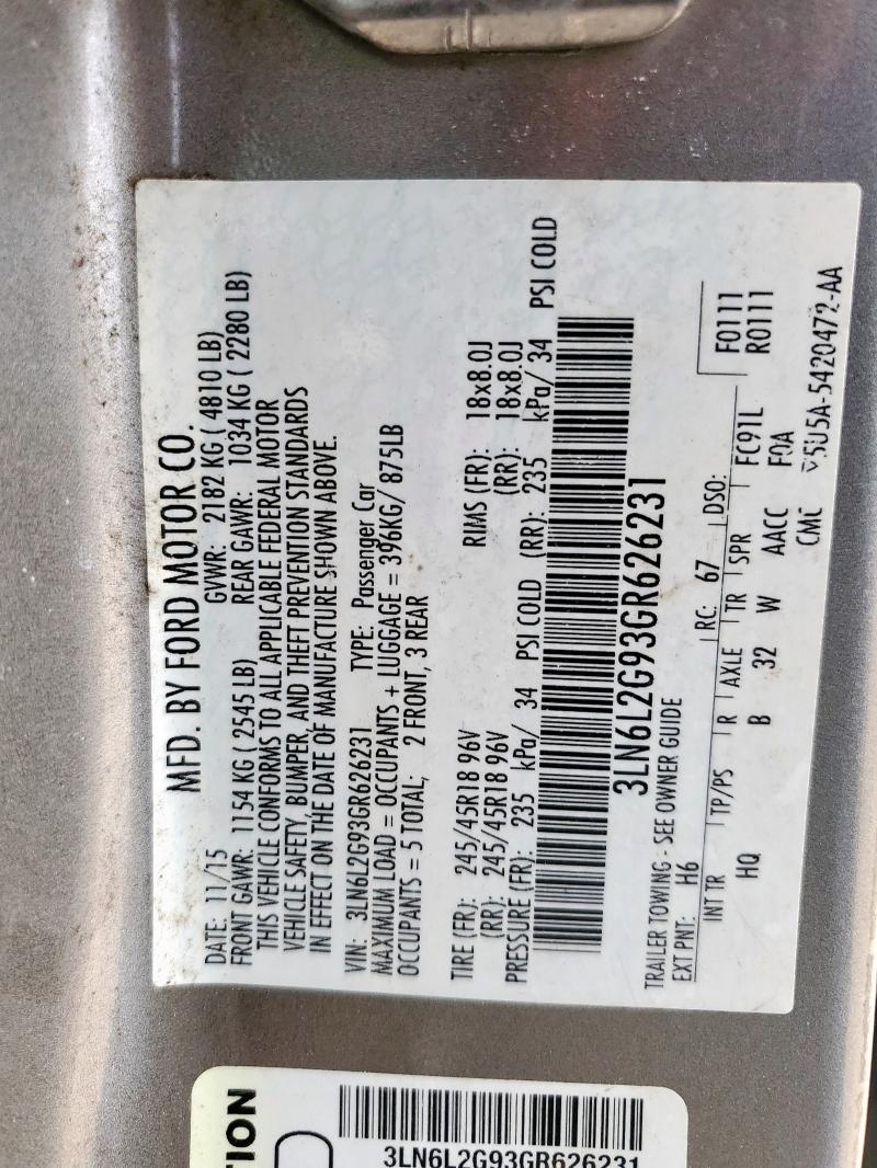 3LN6L2G93GR626231 - 2016 LINCOLN MKZ 棕色 照片 12