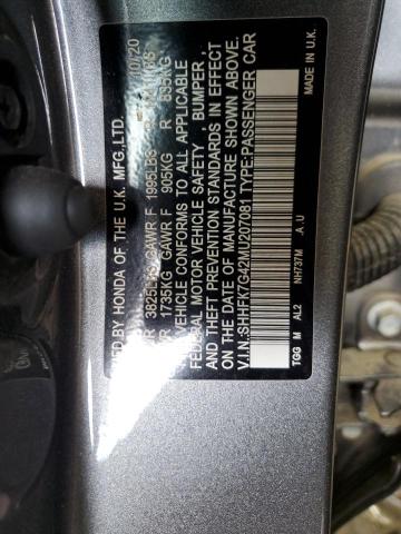 SHHFK7G42MU207081 - 2021 HONDA CIVIC SPORT GRAY photo 22