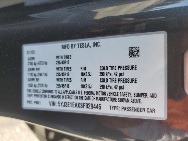 5YJ3E1EAXSF929445 - 2025 TESLA MODEL 3 ნაცრისფერი ფოტო 12