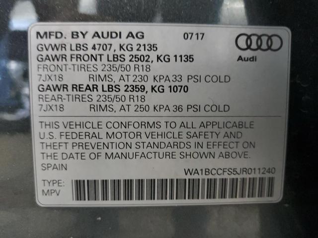 WA1BCCFS5JR011240 - 2018 AUDI Q3 PREMIUM GRAY photo 12