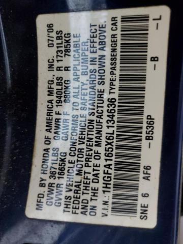 1HGFA165X6L134636 - 2006 HONDA CIVIC LX Կապույտ լուսանկար 12