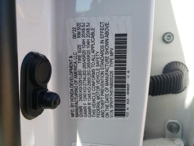 5FNYF7H51NB005226 - 2022 HONDA PASSPORT EXL 白色 照片 12