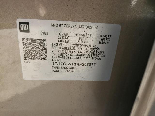 1G1ZG5ST1NF203077 - 2022 CHEVROLET MALIBU RS 棕色 照片 12