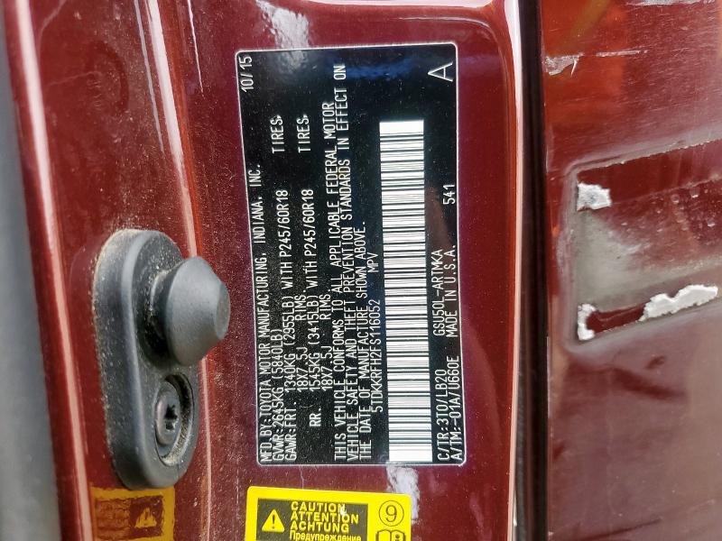 5TDKKRFH2FS116052 - 2015 TOYOTA HIGHLANDER XLE BURGUNDY photo 14