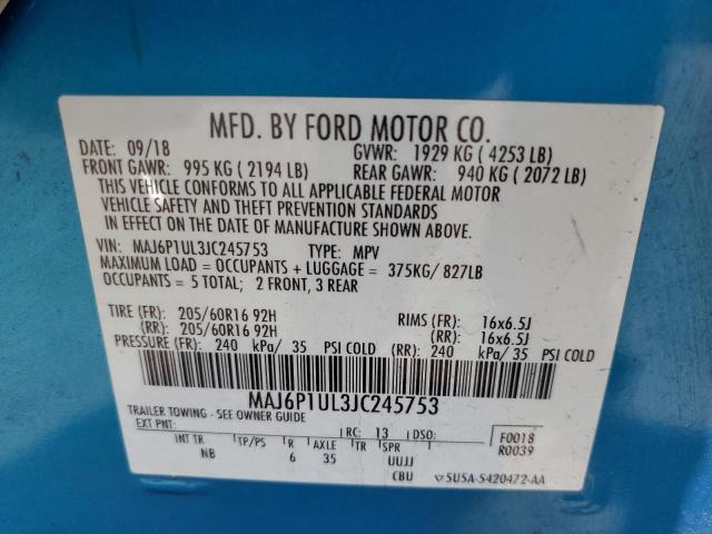 MAJ6P1UL3JC245753 - 2018 FORD ECOSPORT SE Көк фото 13
