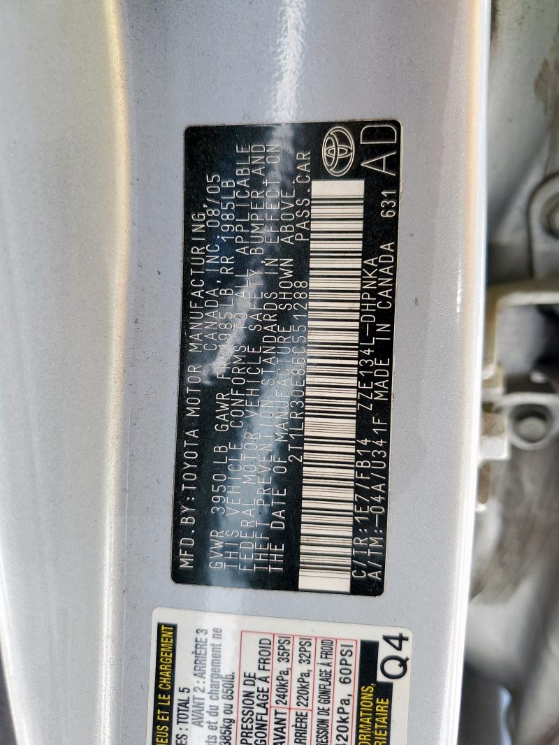 2T1LR30E86C551288 - 2006 TOYOTA COROLLA MA BASE SILVER photo 12