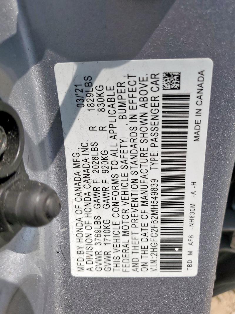 2HGFC2F62MH549839 - 2021 HONDA CIVIC LX SILVER photo 13