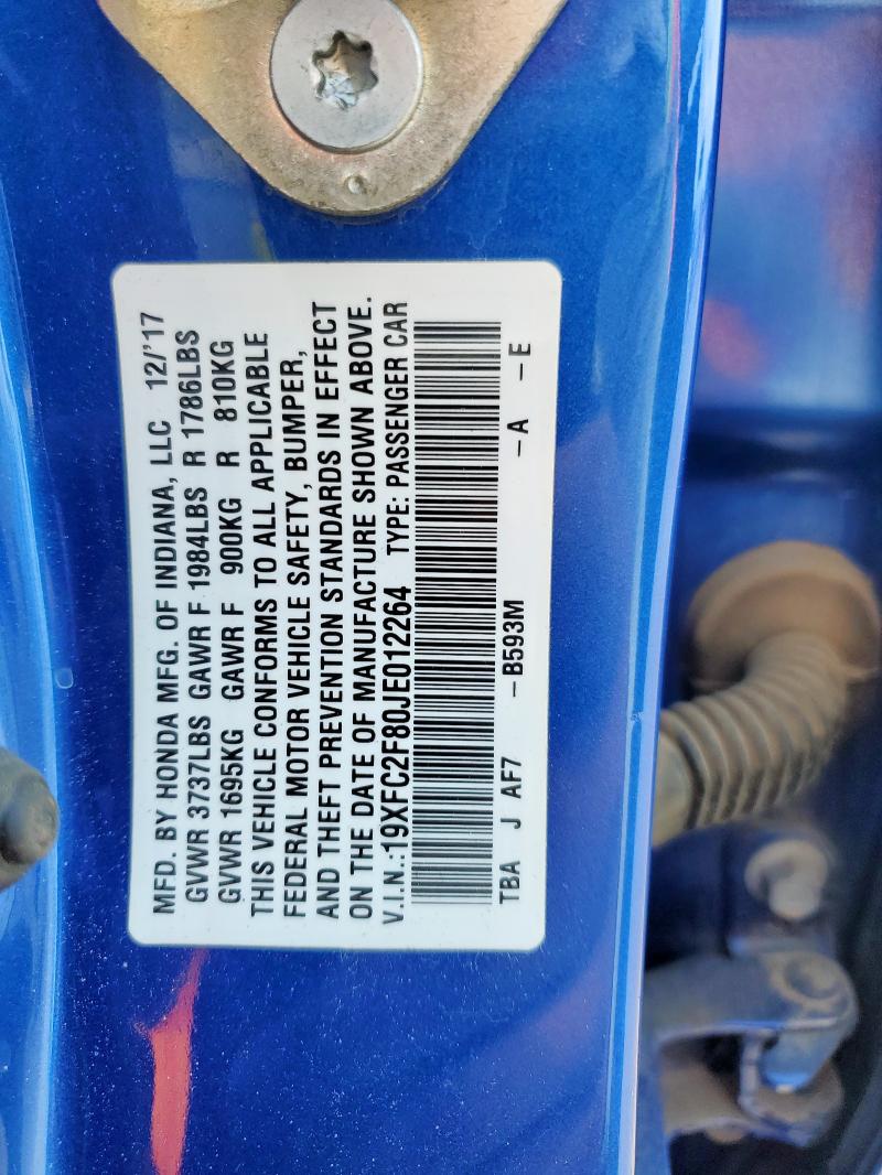 19XFC2F80JE012264 - 2018 HONDA CIVIC EX BLUE photo 13