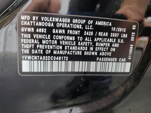 1VWCN7A32DC046172 - 2013 VOLKSWAGEN PASSAT SEL BLACK photo 12