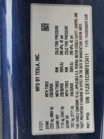 5YJ3E1EC9MF013411 - 2021 TESLA MODEL 3 BLUE photo 13