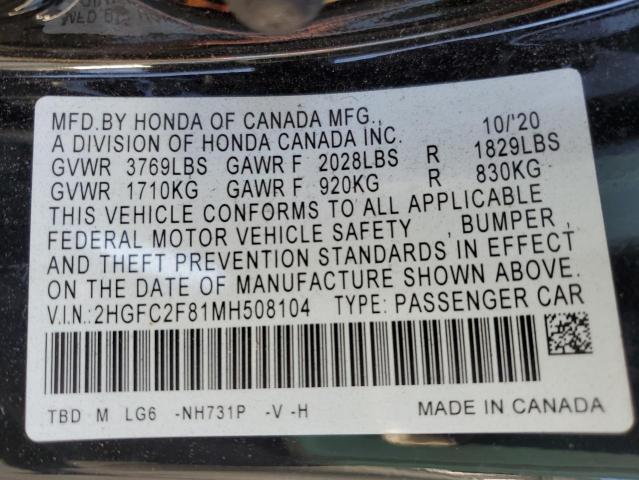 2HGFC2F81MH508104 - 2021 HONDA CIVIC SPORT 黑色 照片 12