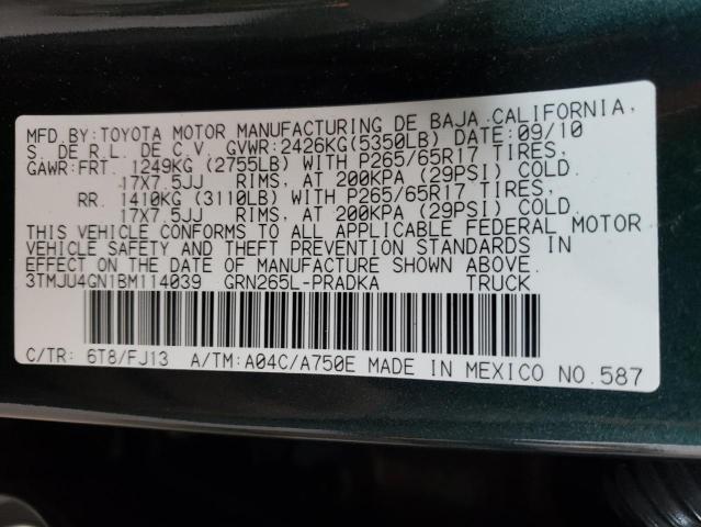 3TMJU4GN1BM114039 - 2011 TOYOTA TACOMA DOUBLE CAB PRERUNNER GREEN photo 12