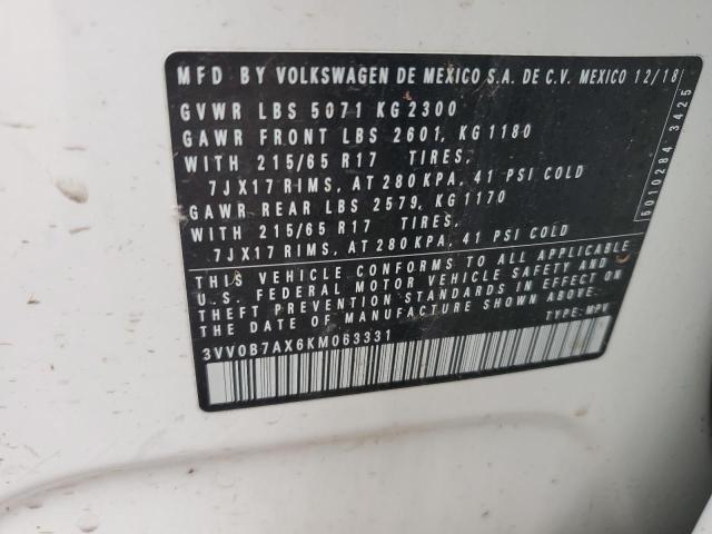 3VV0B7AX6KM063331 - 2019 VOLKSWAGEN TIGUAN S WHITE photo 13