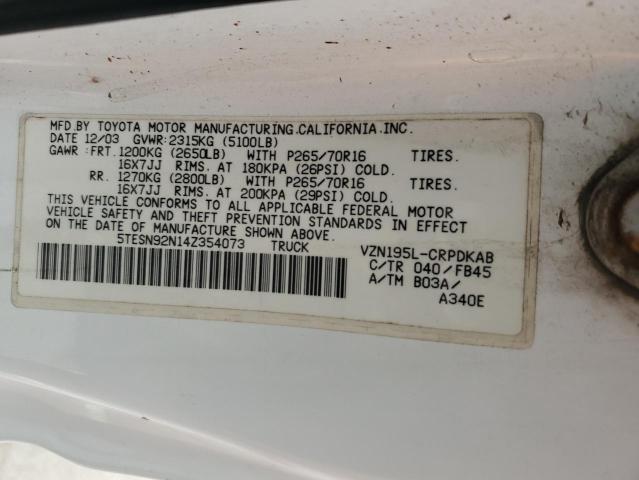 5TESN92N14Z354073 - 2004 TOYOTA TACOMA XTRACAB PRERUNNER თეთრი ფოტო 12