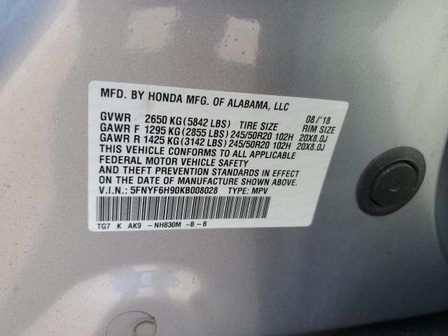 5FNYF6H90KB008028 - 2019 HONDA PILOT TOURING Gümüş foto 13