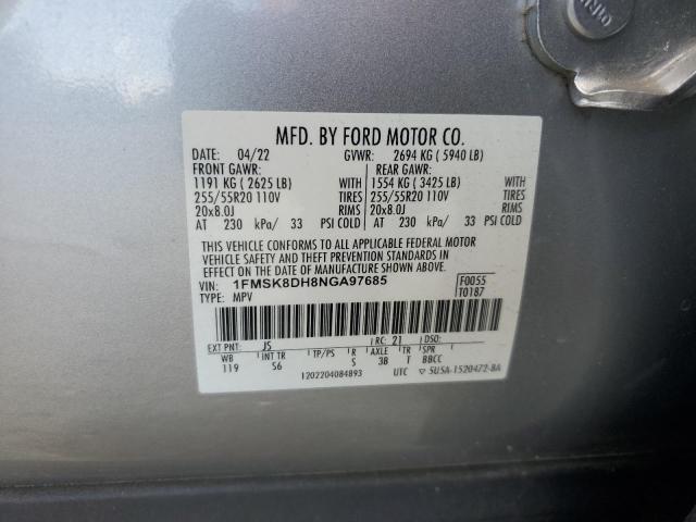 1FMSK8DH8NGA97685 - 2022 FORD EXPLORER XLT Серебристый фото 12