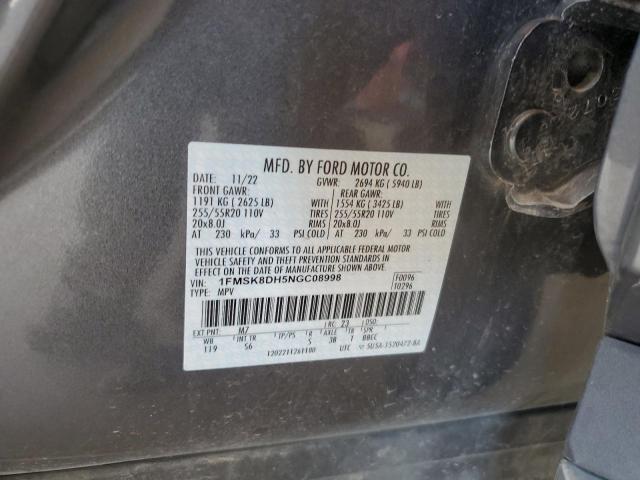 1FMSK8DH5NGC08998 - 2022 FORD EXPLORER XLT ნაცრისფერი ფოტო 13