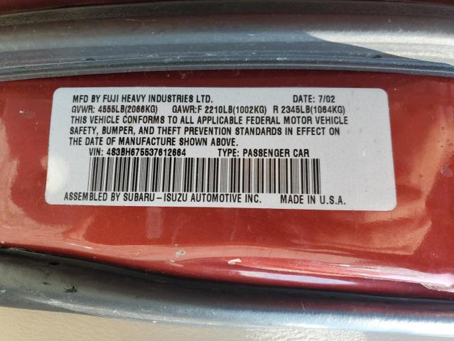 4S3BH675537612664 - 2003 SUBARU LEGACY OUTBACK AWP 勃艮第红 照片 13