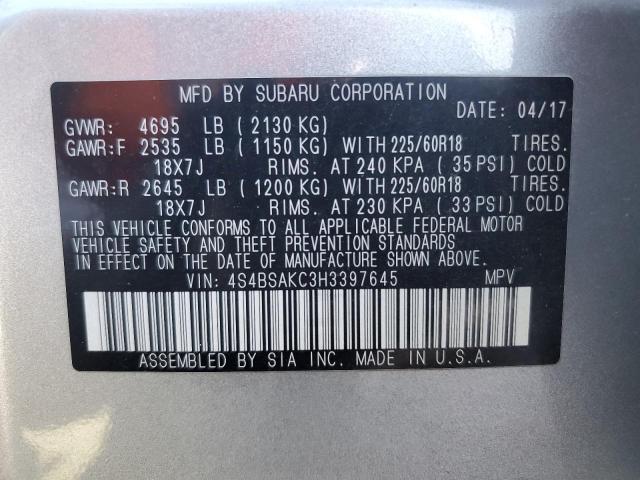 4S4BSAKC3H3397645 - 2017 SUBARU OUTBACK 2.5I LIMITED SILVER photo 12