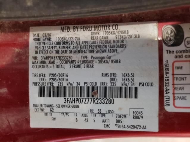 3FAHP07Z77R233280 - 2007 FORD FUSION SE RED photo 12