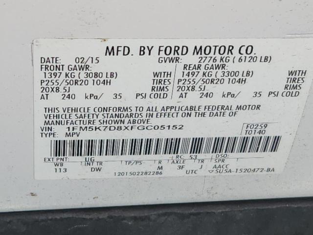 1FM5K7D8XFGC05152 - 2015 FORD EXPLORER XLT Սպիտակ լուսանկար 13