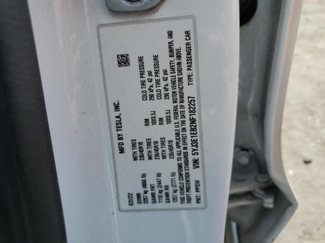 5YJ3E1EB2NF182257 - 2022 TESLA MODEL 3 WHITE photo 12