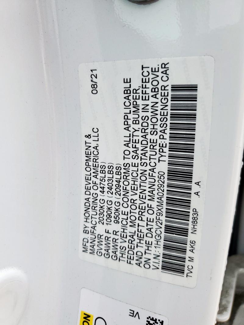 1HGCV2F9XMA029250 - 2021 HONDA ACCORD TOURING 白色 照片 12