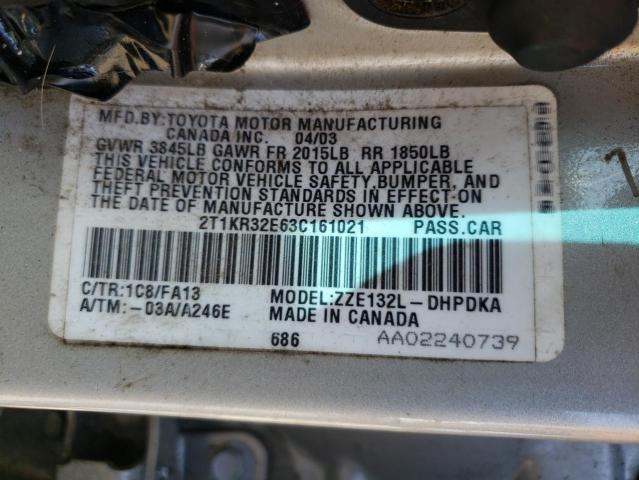 2T1KR32E63C161021 - 2003 TOYOTA COROLLA MA XR SILVER photo 12