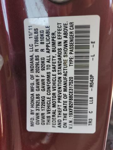 19XFB2F88CE317520 - 2012 HONDA CIVIC EX MAROON photo 12