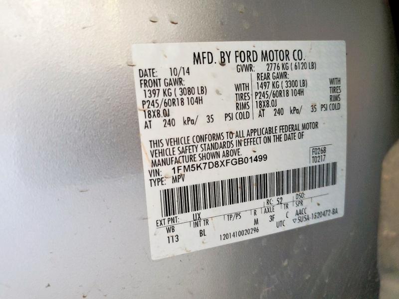 1FM5K7D8XFGB01499 - 2015 FORD EXPLORER XLT SILVER photo 14