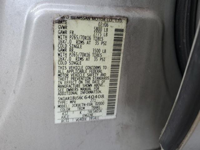 5N1AR18U56C640408 - 2006 NISSAN PATHFINDER LE SILVER photo 13