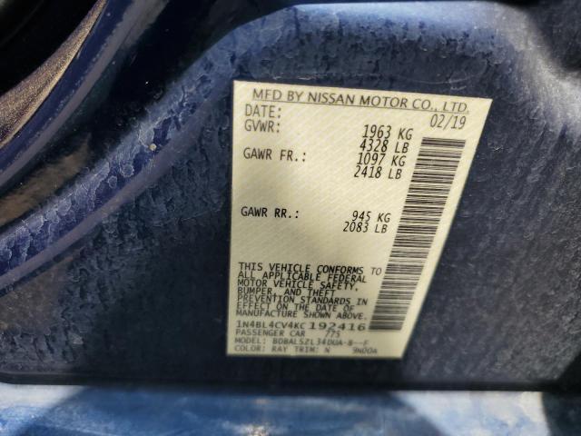 1N4BL4CV4KC192416 - 2019 NISSAN ALTIMA SR ლურჯი ფოტო 12