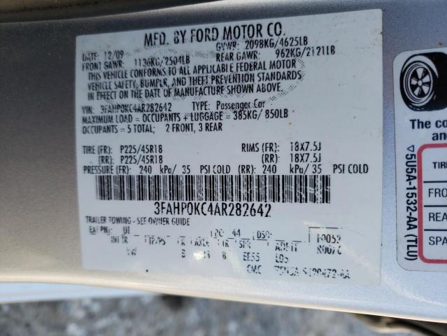 3FAHP0KC4AR282642 - 2010 FORD FUSION SPORT GRAY photo 10